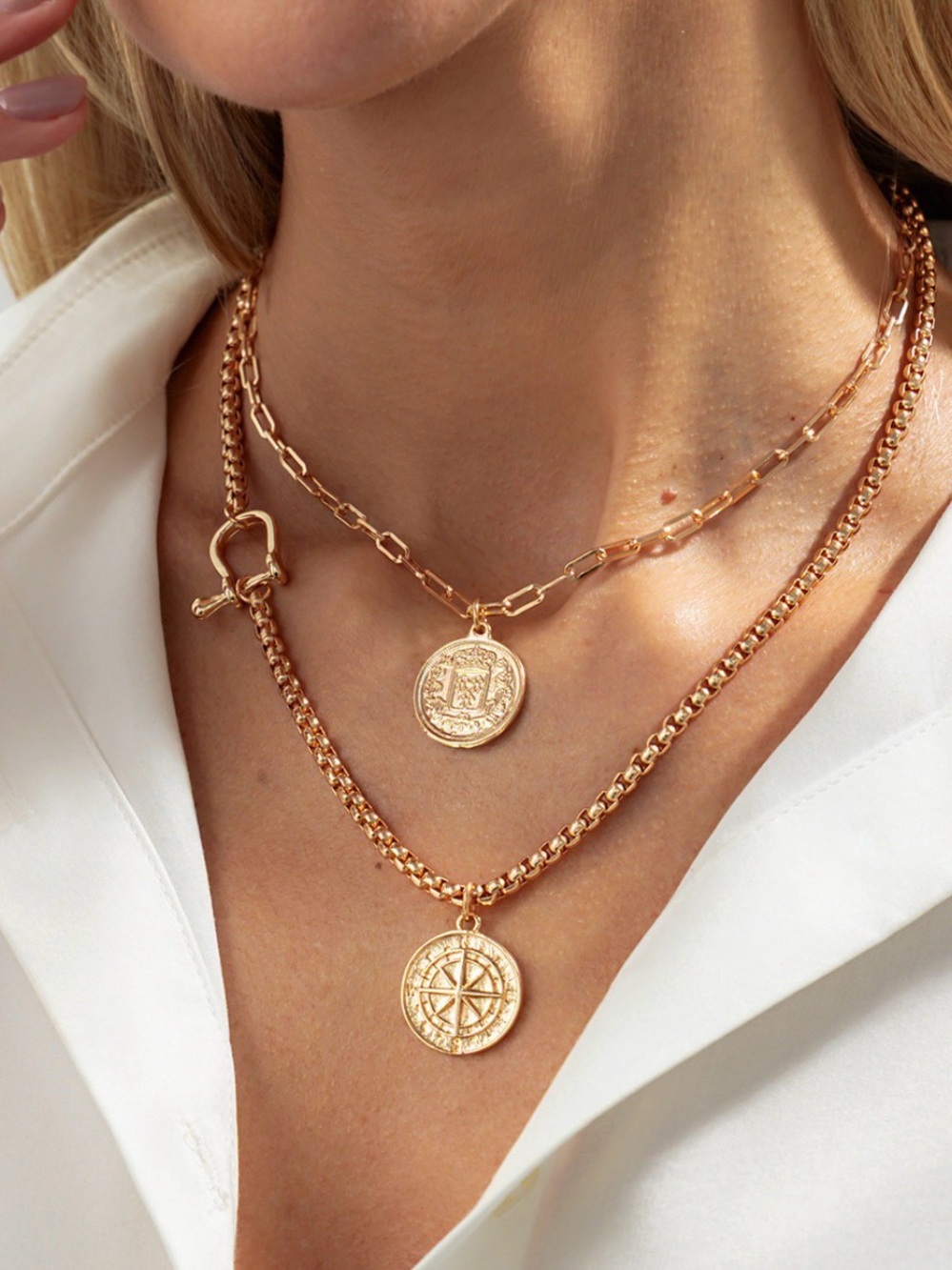 Gold Layered Coin Pendant Necklace Set - Women Jewelry N007